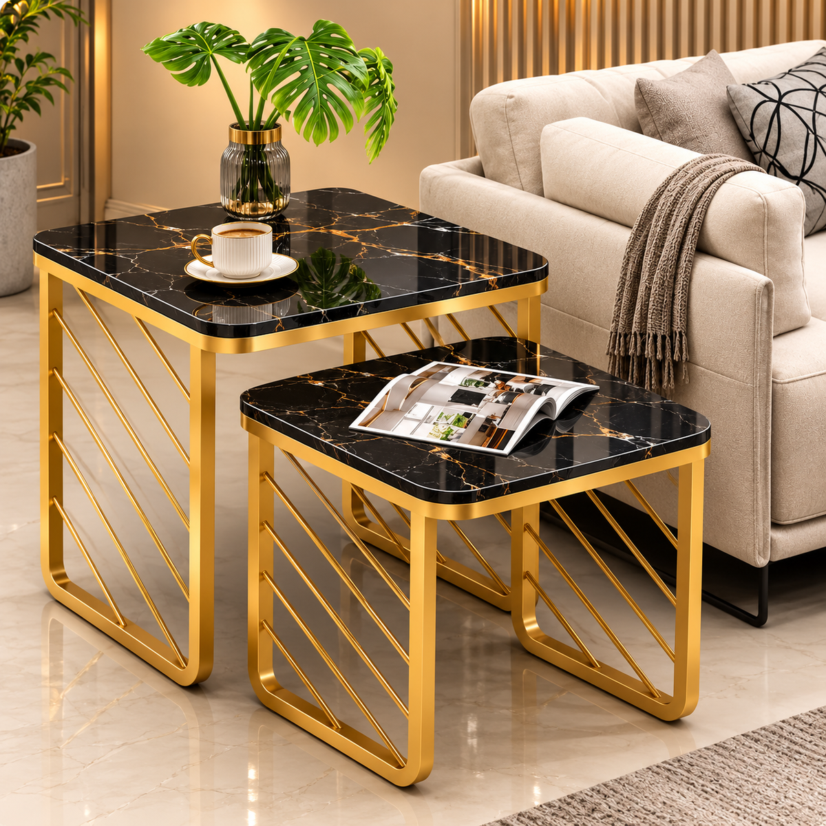 Striation Living Lounge Center Side Nesting Tables (Set of 2) Bc-15716
