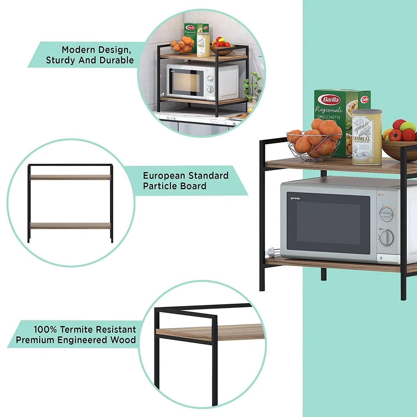 2-Tier Wood &amp; Metal Microwave Stand Kitchen Storage Shelf Bc-15713